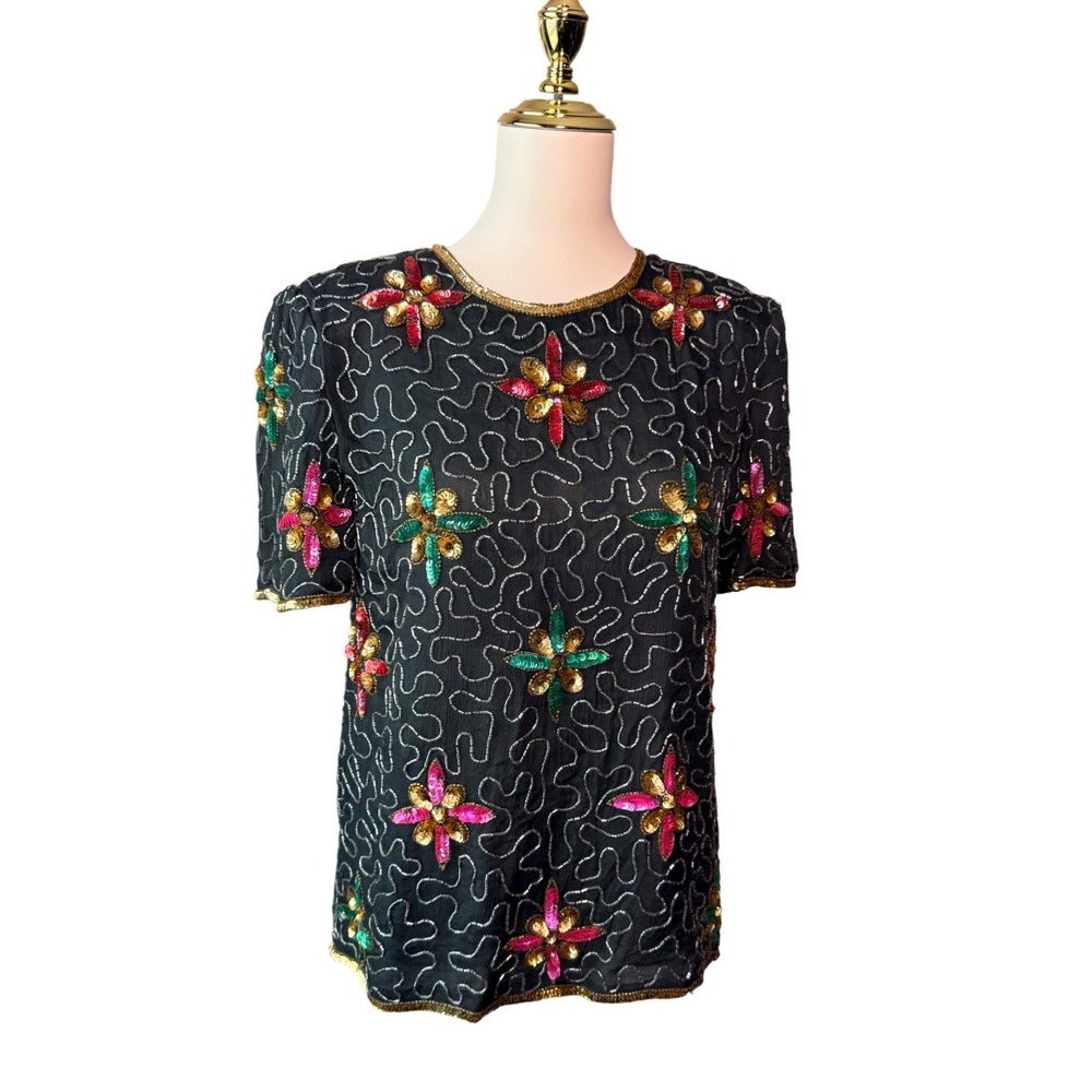 Vintage 80s Night Vogue Silk Beaded Sequin Top M Black Floral India Maximalism